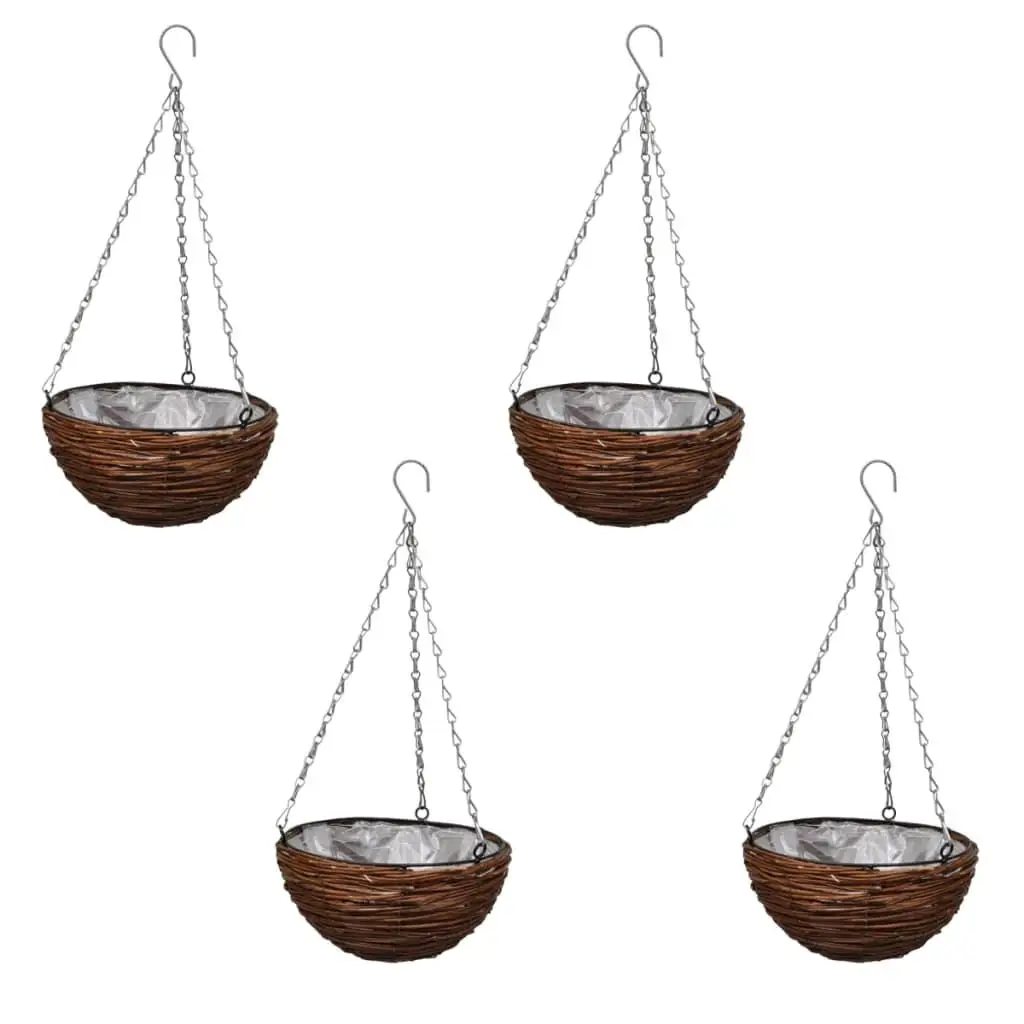 Set of 4 Round Willow Hanging Baskets with Liner & Chain - Perfect for Indoor & Outdoor Decor