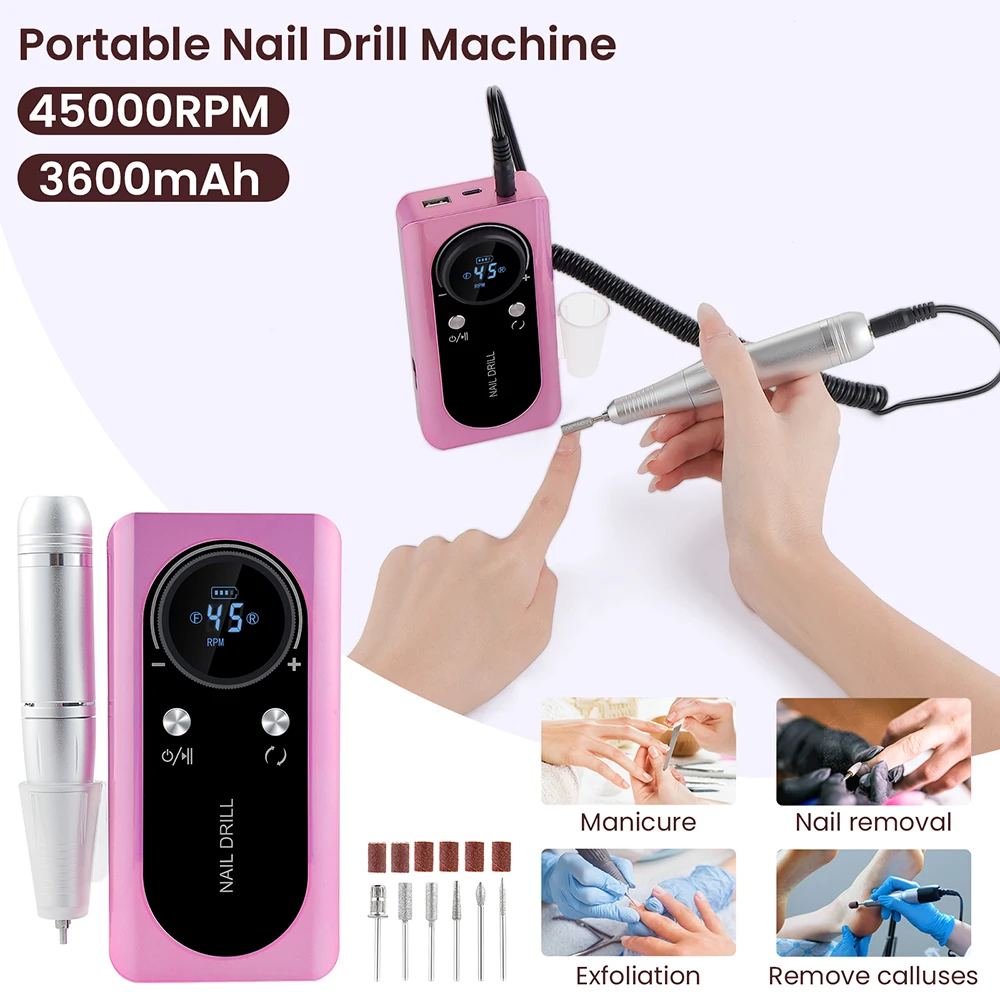 45000rpm máquina de broca do prego recarregável broca fresadora portátil sem fio manicure moedor polidor cortador kit