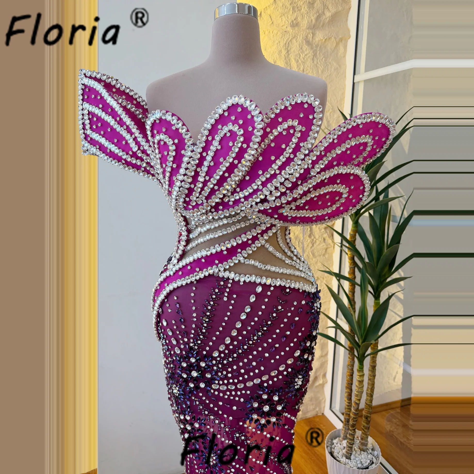 

Luxury Heavily Beads Mermaid Evening Dress Fushia Crystal Stones Arabic Red Carpet Long Gala Party Gowns Customized Robe Soiree