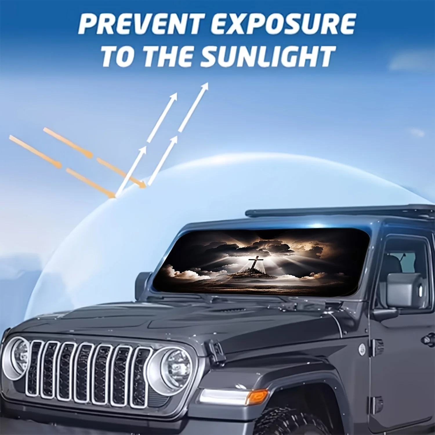 Dark Holy Light Cross Icon 2D Flat Printed Pattern Car Sunshade Visor UV Protection Fashionable Design Easy Installation