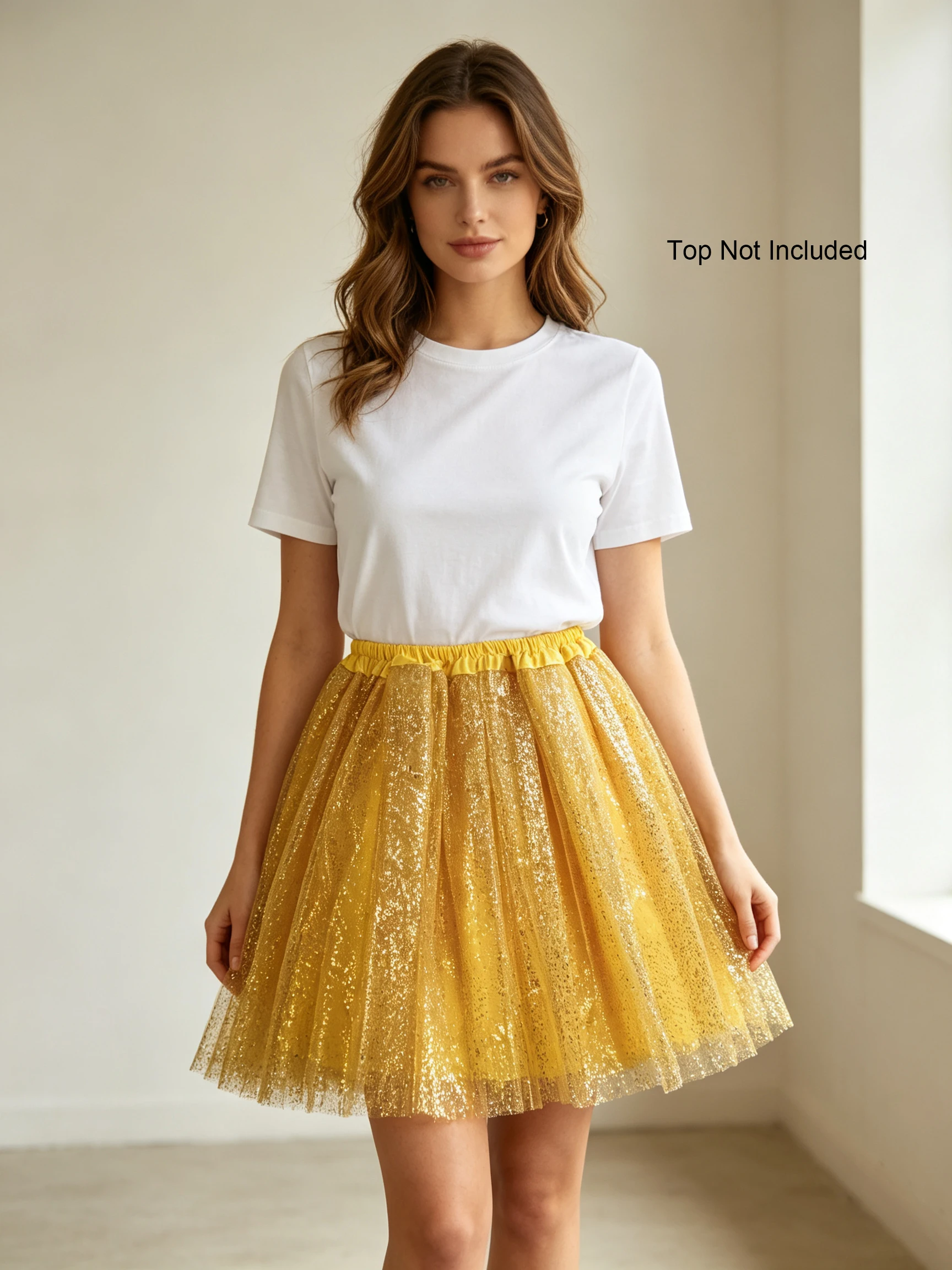 Adult Shiny Gold Sequin Tulle Puffy Skirt with Elastic Waist Loose Short Skirt for Birthday Parties Role-playing Stage Performan