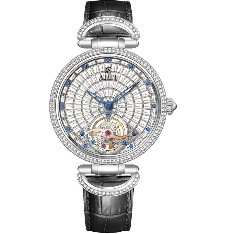 AJUT-relojes automáticos con movimiento Tourbillon para hombre, relojes mecánicos voladores de circonita completa de lujo para mujer, 0397