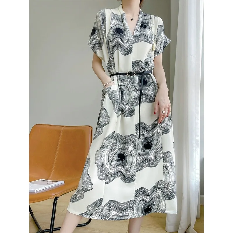 Verão 2025 feminino solto v-ne ort sve dr suave a linha saia design sensação floral impressão commute sle longo dr