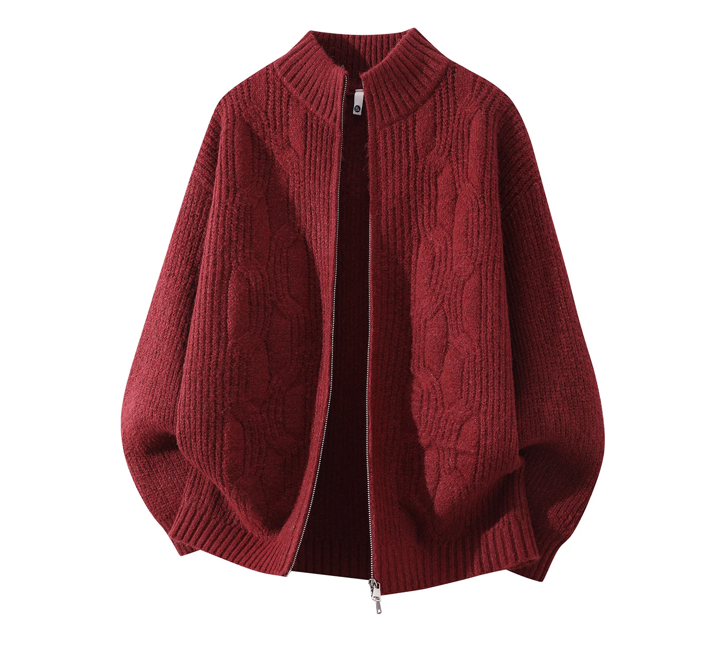 Men Stand Collar Zip Up Cable Knit Cardigan Autumn Winter Thick Loose Long Sleeve Knitted Sweater Jacket Casual Solid Green Warm