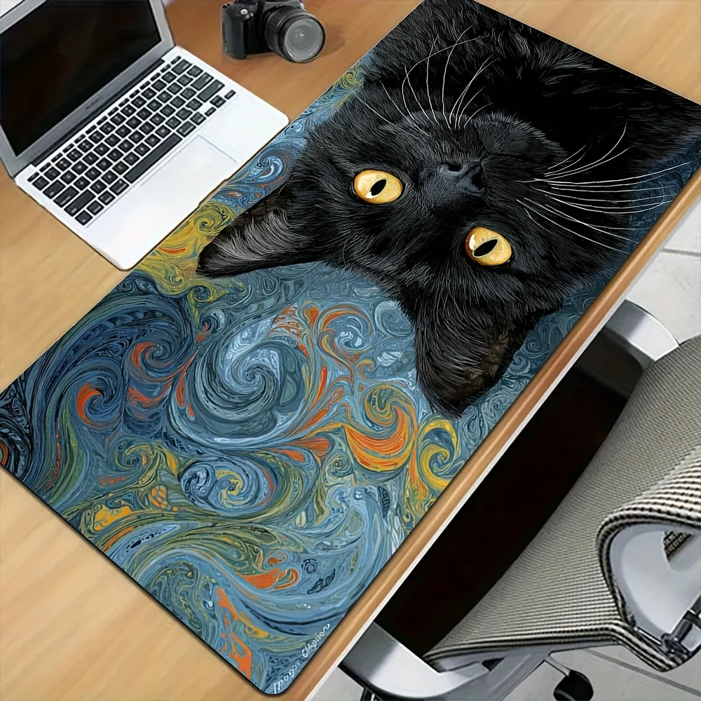 

Van Gogh Style Black Cat Large Desk Mat, 90x40cm Extended Mouse Pad, Non-Slip for Home Office