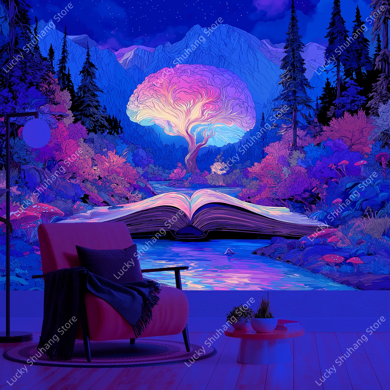 Fantasy Forest UV Tapestry with Glowing Tree and River of Dreams Vibrant Magical Landscape Wall Hanging for Bedroom Decor