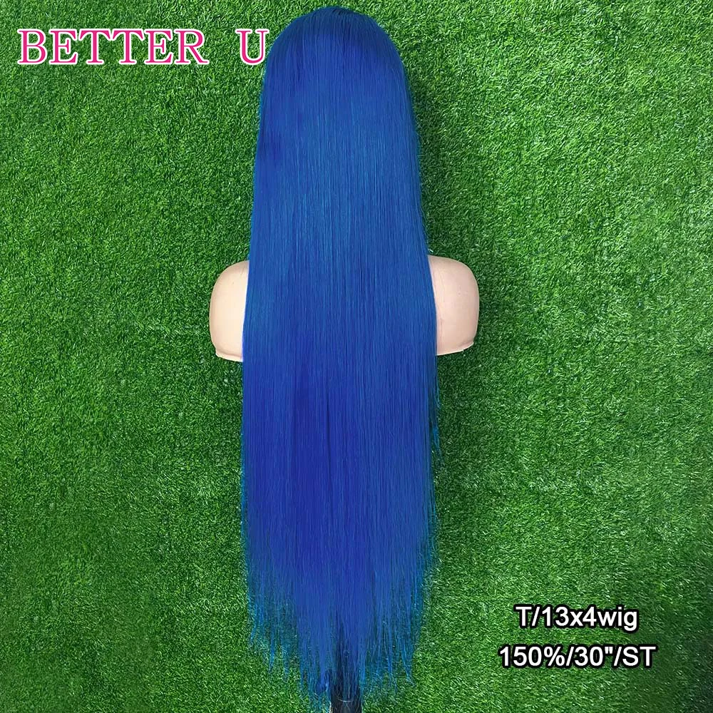 Peluca sin pegamento de cabello humano azul marino HD transparente 13x4 13x6 peluca de cabello humano con encaje frontal prearrancado recto listo para usar sin pegamento