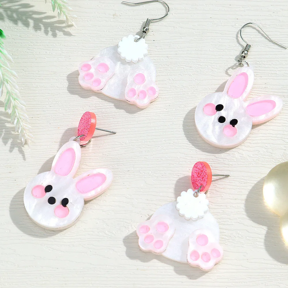 Cute White Pink Rabbit Acrylic Earrings for Women Lovely Sweet Cartoon Easter Bunny Paw Drop Earing New Trendy Jewelry Gifts