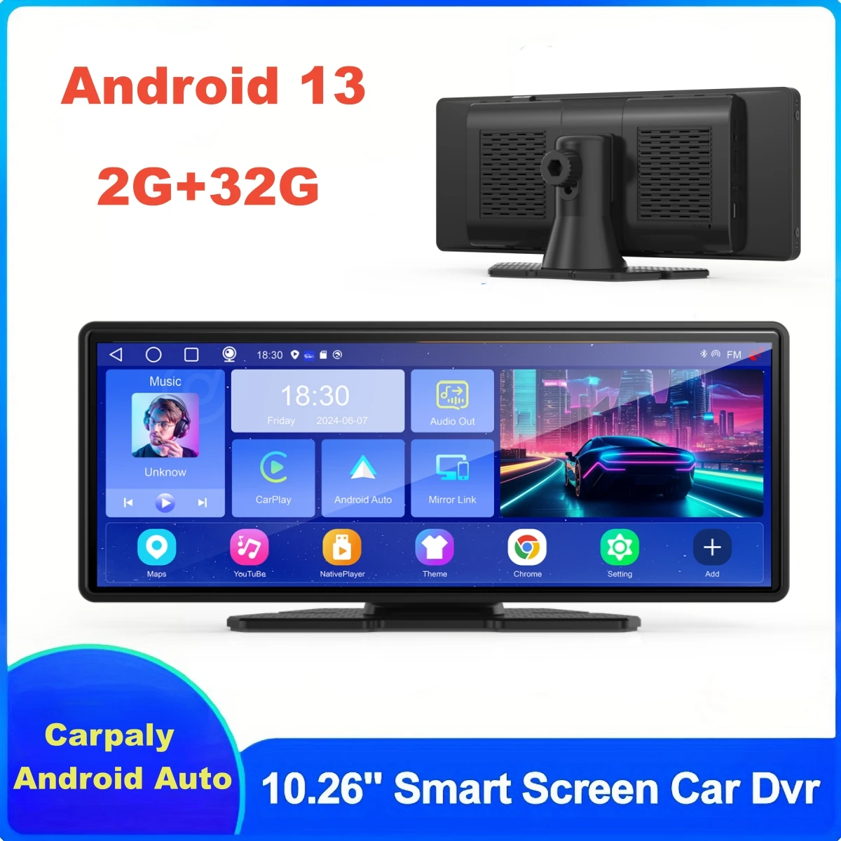 10.26 Inch2G+32G Android 13 Car DVR Wireless CarPlay & Android Auto Mirror Link Dash Cam GPS Navigation Bluetooth AUX FM