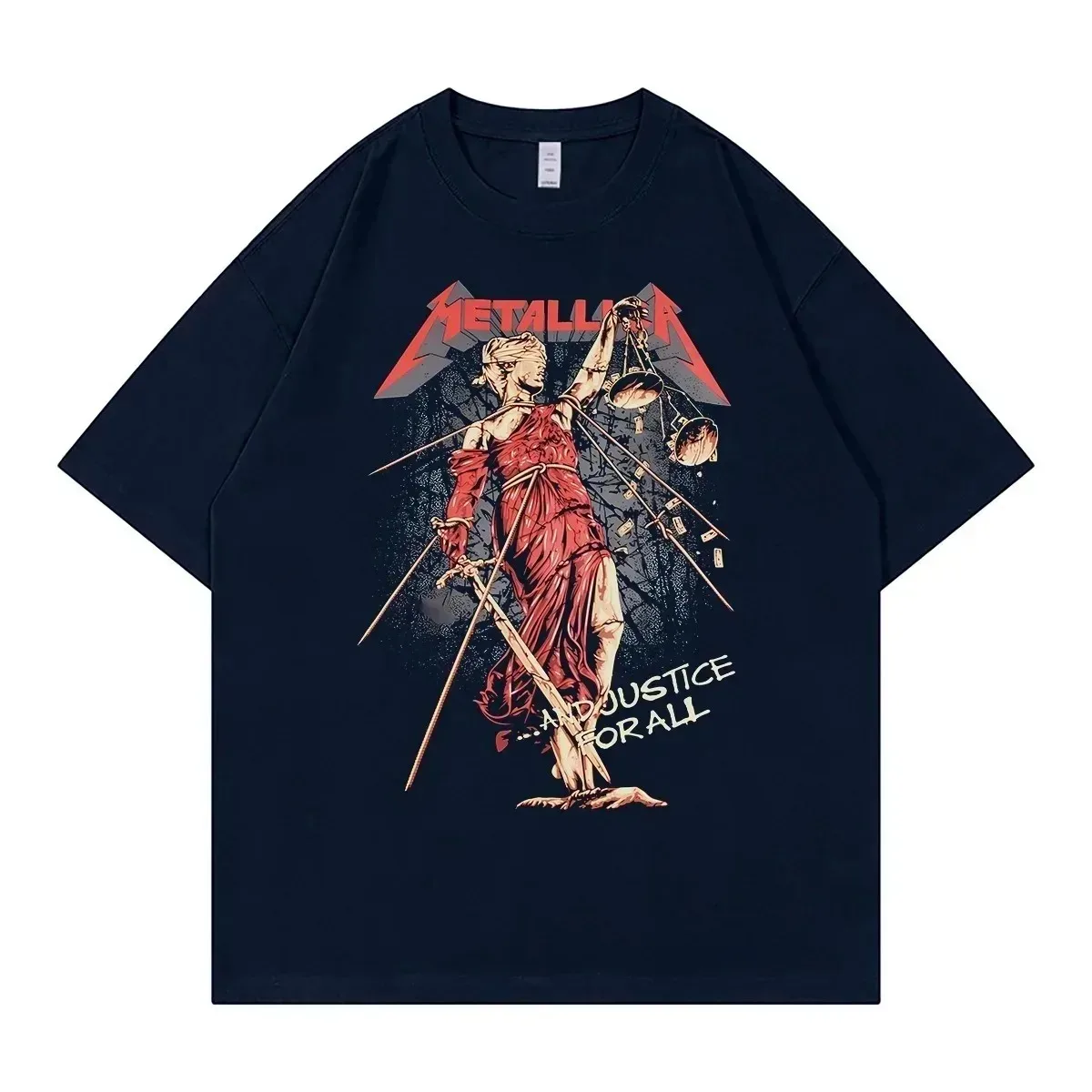 Metallica ...And Justice for All Red-Tone Theme Graphic T-Shirt – Vibrant Broken Statue of Justice Print Cotton Apparel T-shirt