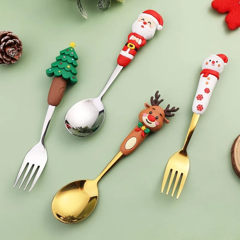 

Christmas Doll Spoon Fork Cute and Fun Santa Claus Christmas Tree Spoon Gold Tableware Set Festive Atmosphere