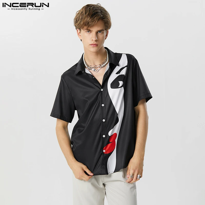 Men Shirt Printing Lapel Short Sleeve Loose Streetwear Casual Camisas Summer 2023 Fashion Leisure Men Clothing S-5XL INCERUN