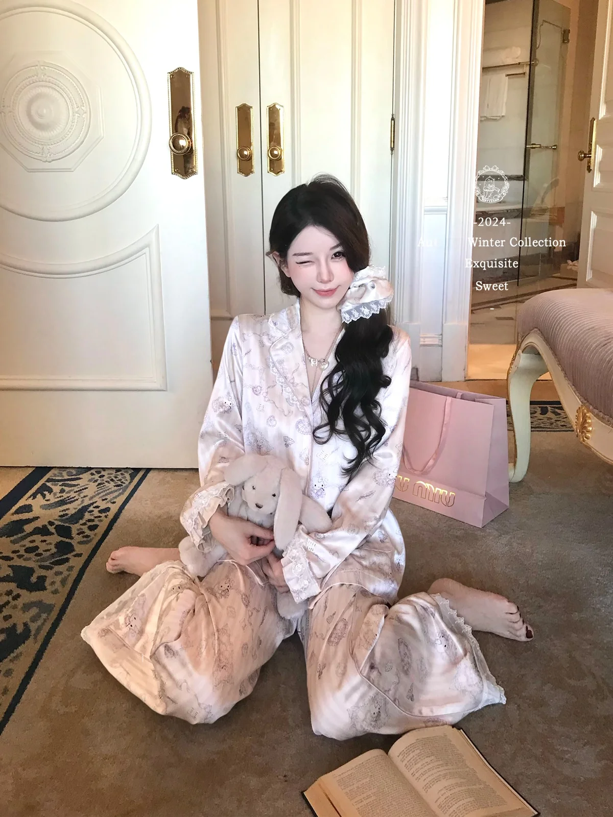 Catyears Kitty Sweetheart Print Satin Sleepwear Set Spring Autumn Cute Home Use Long Sleeve V-Neck Button Closure Loose Fit