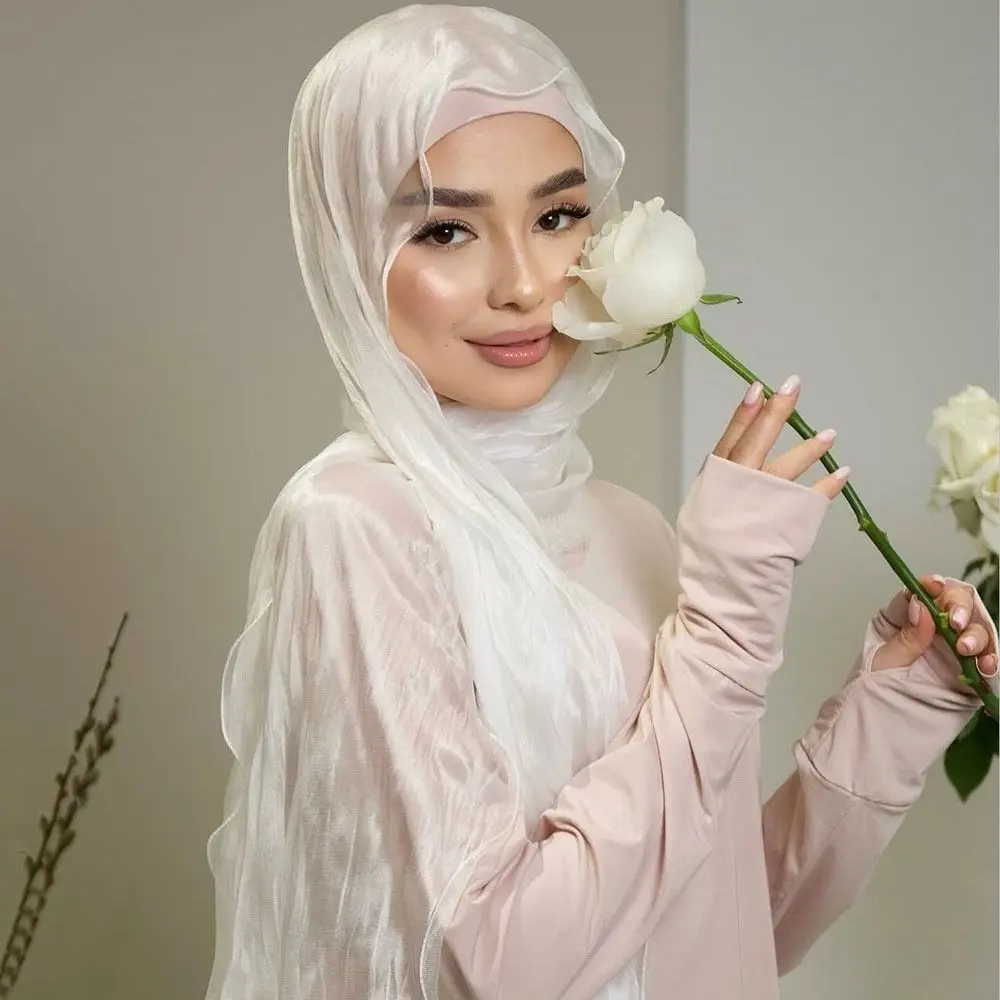 

High Qulaity Solid Color Silk Scarf Ruffled Edge Chiffon Sunscreen shawl Shining Soft Head Wrap Outdoor