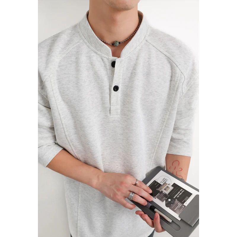Men's Light Grey Henley Mandarin Collar Raglan Sleeve Top with Buttons Casual Slim Fit Sweatshirts