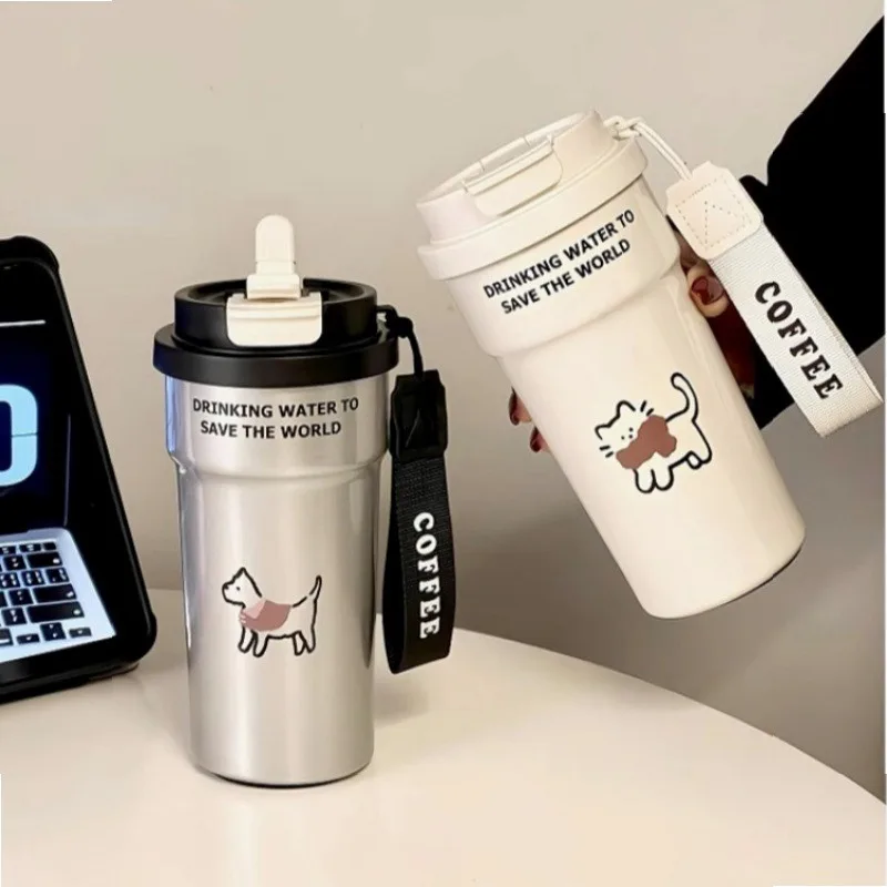 Adorable Cat dog Stainless Steel Insulated office Tumbler Leak-Proof Portable Water Bottle outdoor With Straw cup for travel