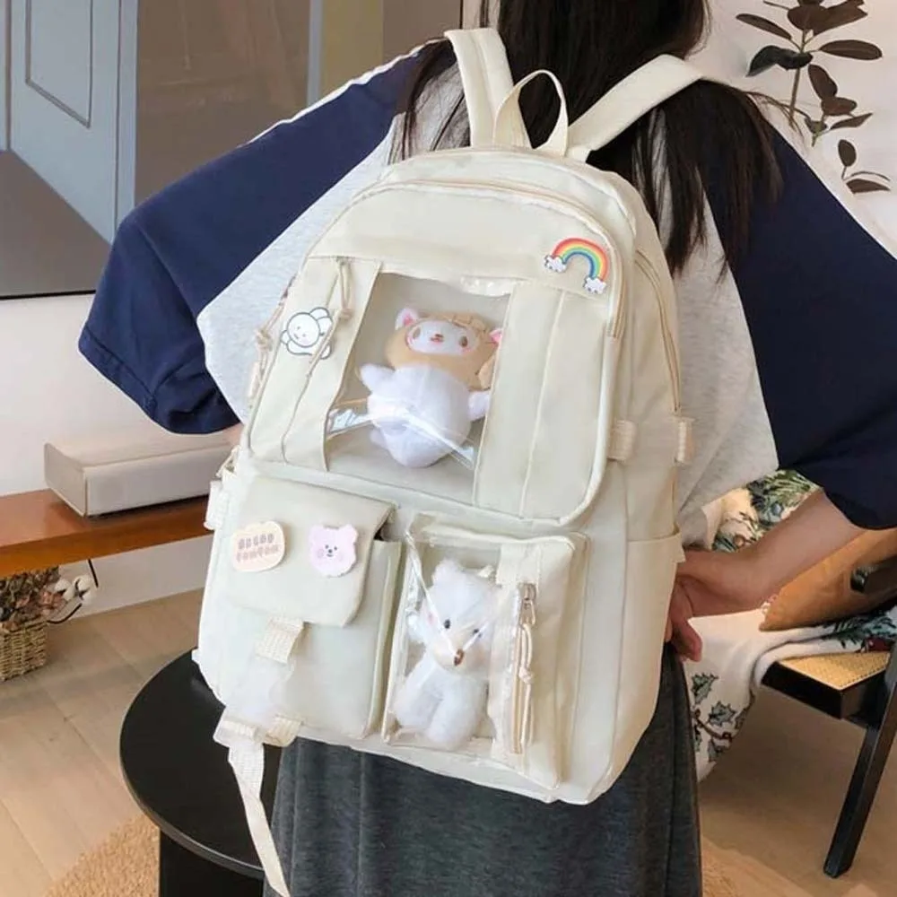 Solid Color Nylon Ita Backpack Dust-proof with Cartoon Pins Students School Bag Scratch Prevention Polyester