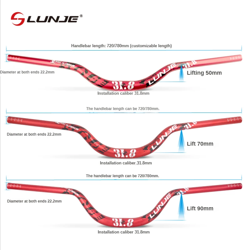 LUNJE MTB Bike Riser Handlebar 31.8x720/780mm Aluminum Swallow HandleBar Rise 90mm Mountain Folding Bicycle Handlebar Bike Parts