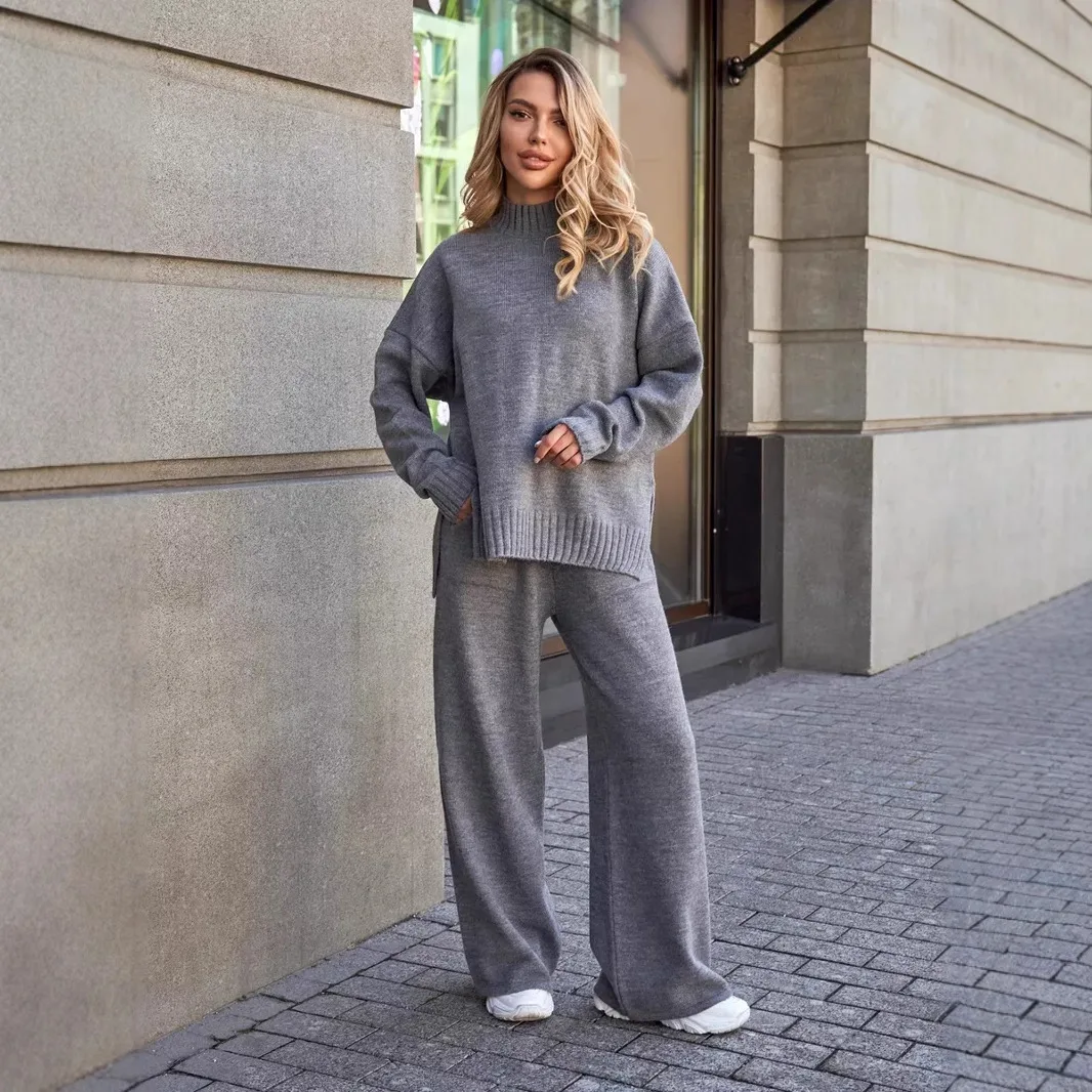 2025 Amerikaanse herfst winter nieuwe mode dames effen kleur gebreide losse casual trendy 2-delige sets truien broek vrouwelijk