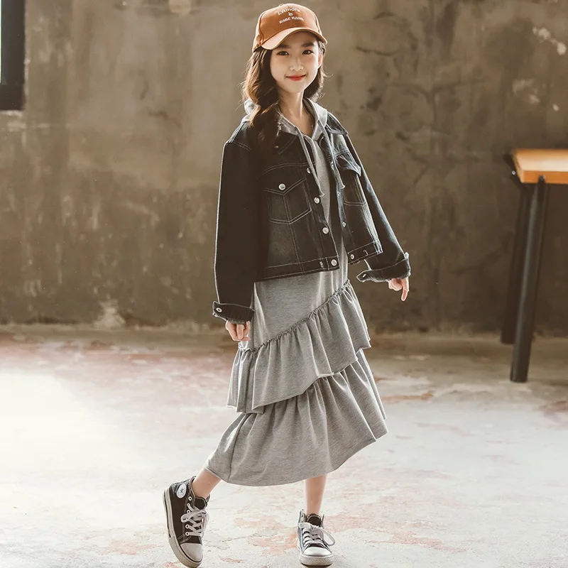 

Girls' Spring Outfit2025New Big Kids Sweatshirt Dress Girl Denim Jacket Two Piece Set Children Spring Autumn Suit