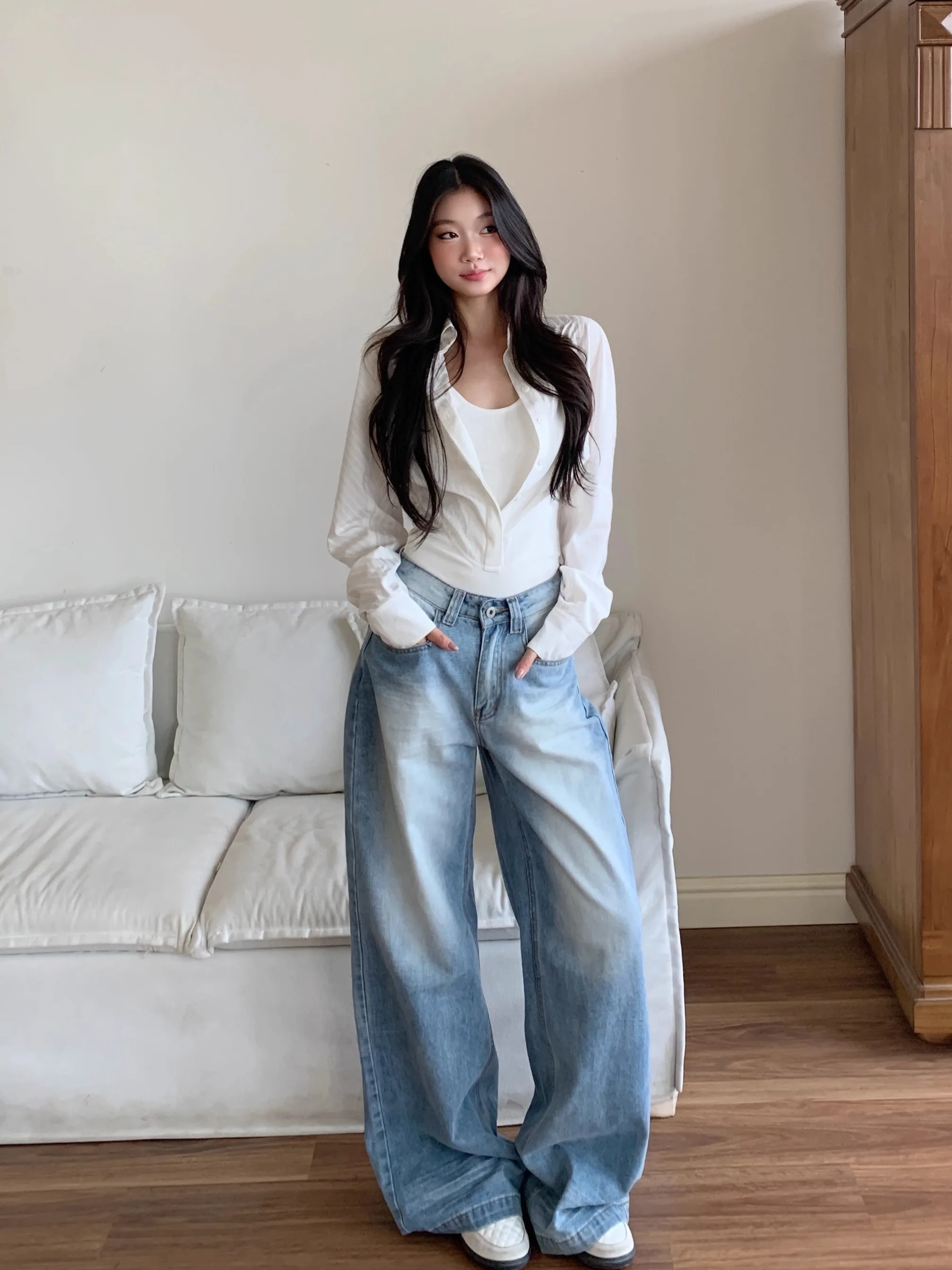 

Женская блузка с эффектом похудения, белая, с длинным рукавом, в корейском стиле, универсальная, повседневная, весенняя новинка, из премиальной ткани