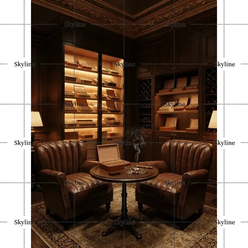 Retro American Cigar Bar Sofa and Chair Set Whiskey Club Lounge Furniture Tiger Pattern Single Seat Table Combination