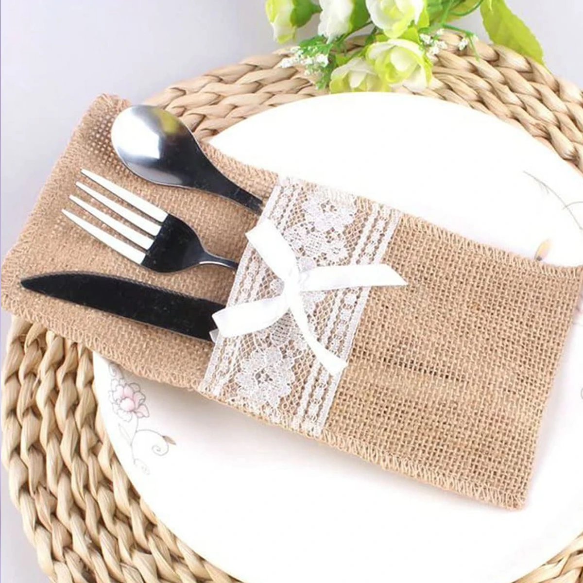 10pcs Wedding Party Linen Lace Knife And Fork Bag