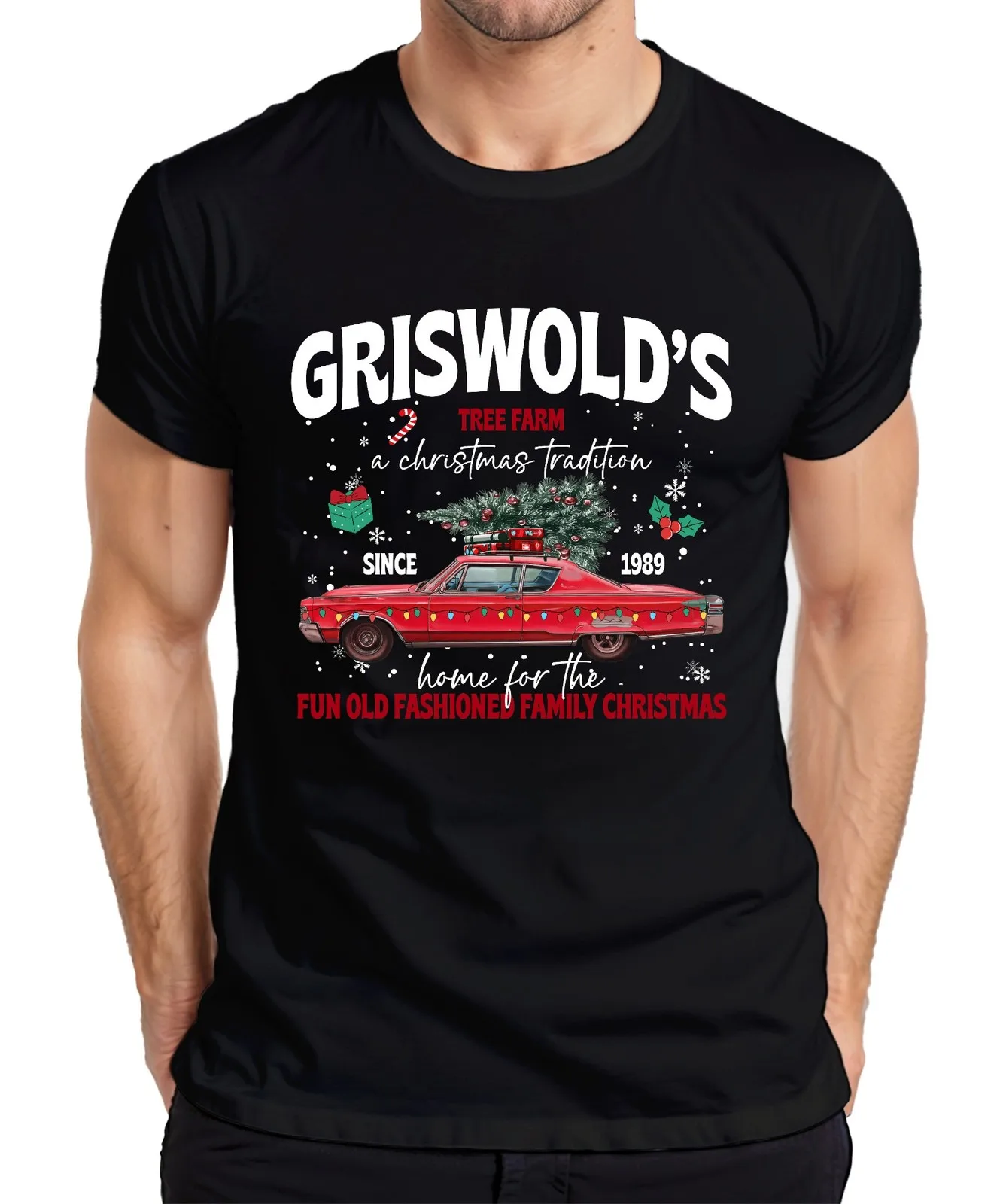 تي شيرت Griswold's Tree Farm a Christmas Tradition Vintage Car للرجال