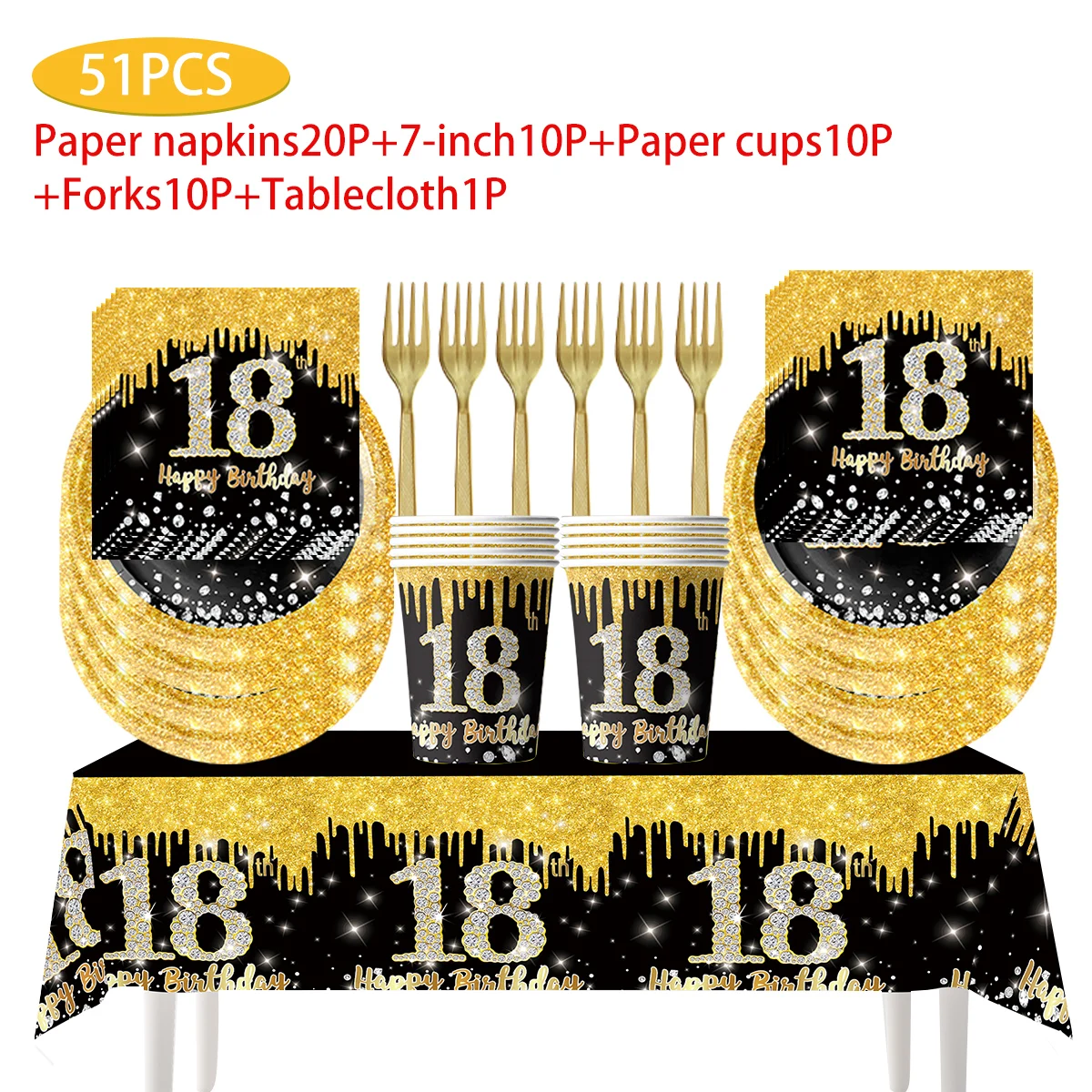 

Black and Gold Disposable Plates, Paper Towels, Cup, Tablecloth, Table Forks, 18 Year Old Theme Party Supplies, New