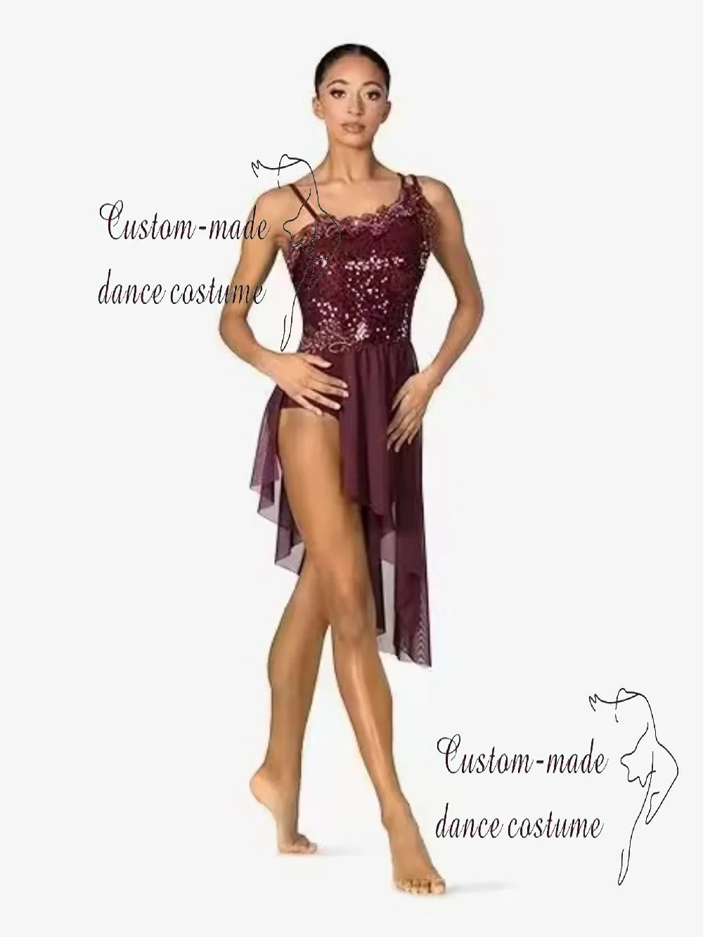 

Burgundy backless dance leotard with sequined lace and an asymmetrical skirt, suitable for girls' stage performance attire.