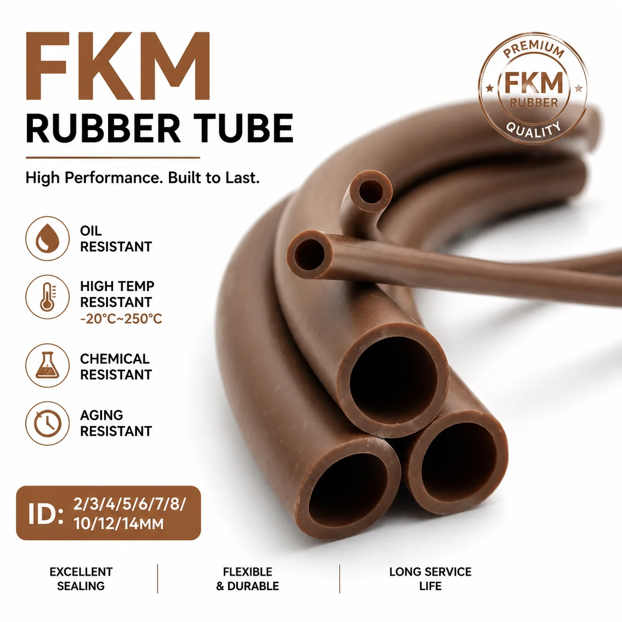 5M/2M/1M Brown FKM Tube ID2~14mm Industrial Sealed Shock-absorbing Fluororubber Sleeve