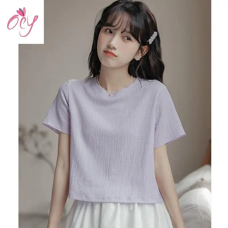 

Sweet Fre ort Sve round Ne Pullover Top Women's Color Design Summer New Sle Length irt Pure Color