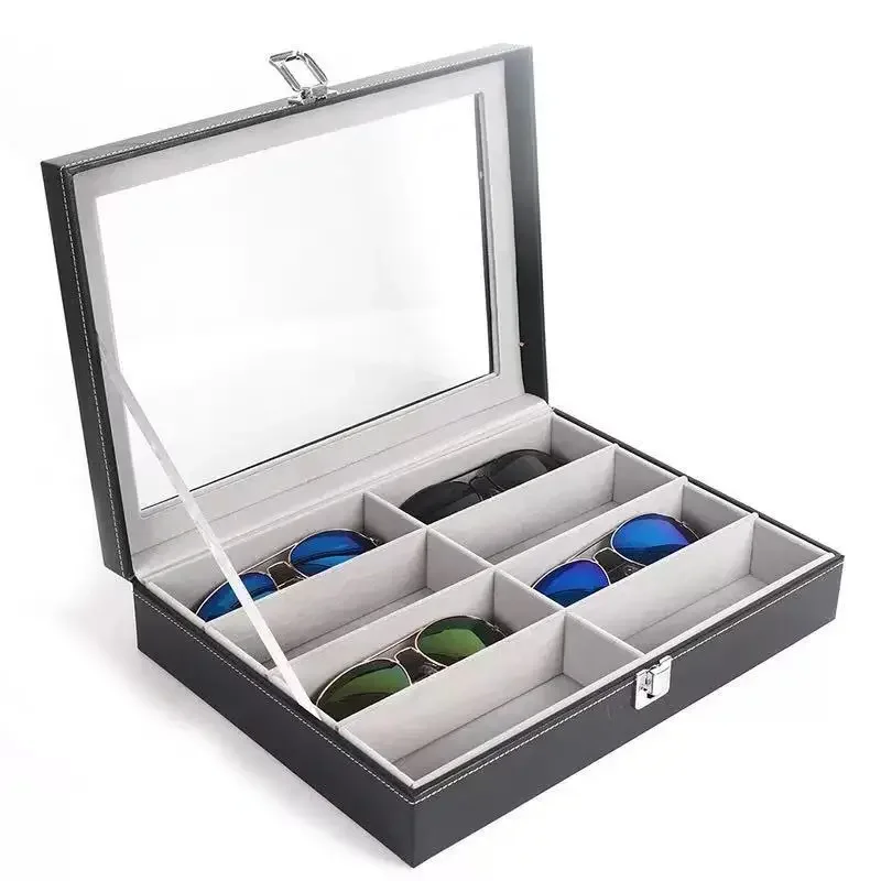 

Fashionable Leather Eyeglass Storage Box High Quality 8 Compartments Sun Glasses Display Case for Wholesale