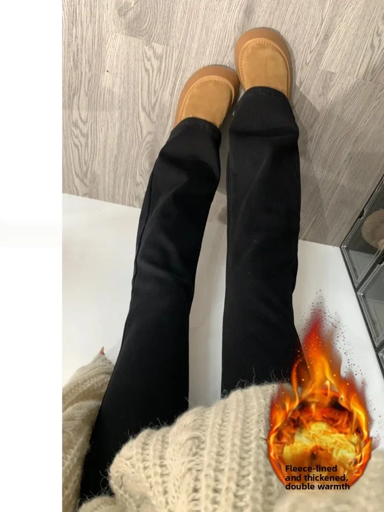 

Расклешенные джинсы с высокой талией, женские брюки на подкладке, осень-зима, большие размеры, утягивающие эластичные широкие брюки