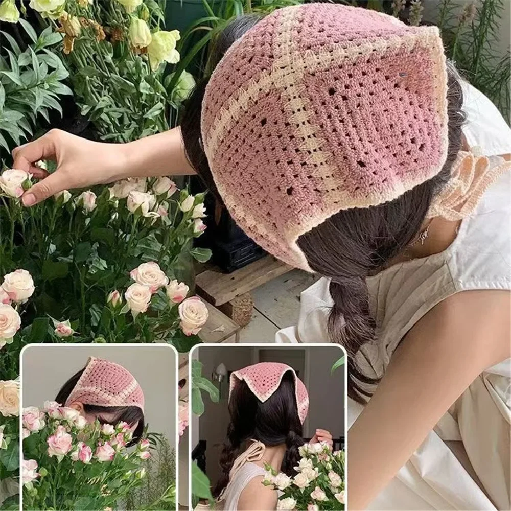 Korean Handmade Headscarf Hat Crochet Small Mushroom Strawberry Hollow Triangle Headband Towel Sweet Cute Strap Hair Bag