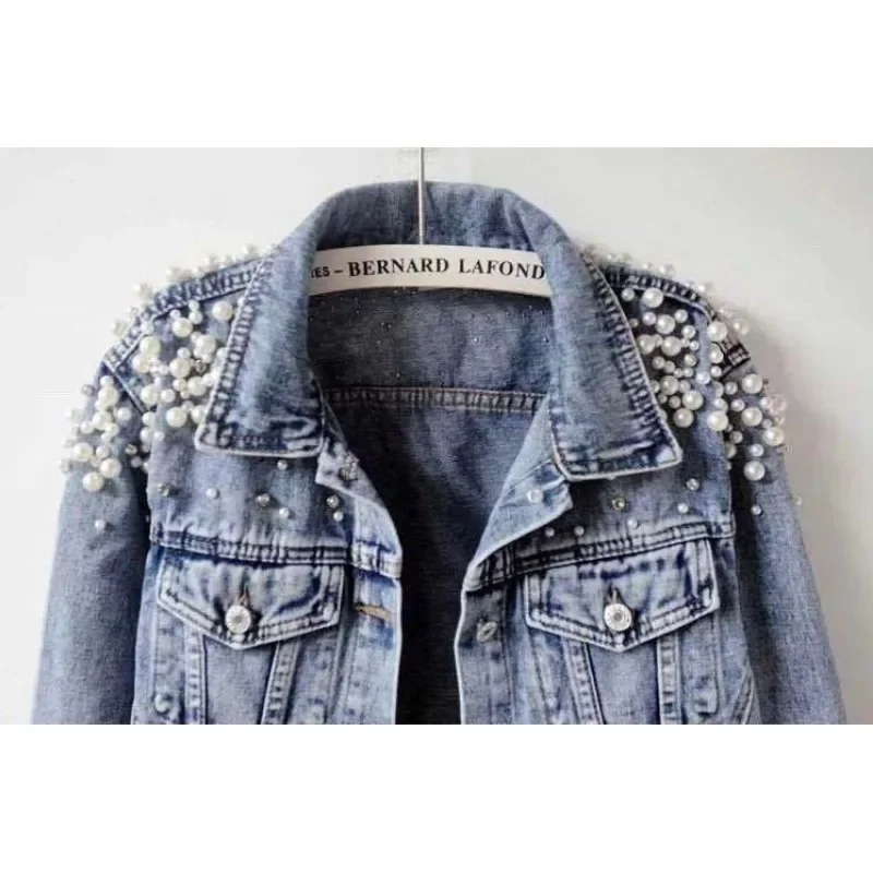 Spring and Summer Heavy Beaded Denim Jacket Women\'s Short Long Sleeve Fashion Jacket Large Pearl Denim Jacket Coat for Women