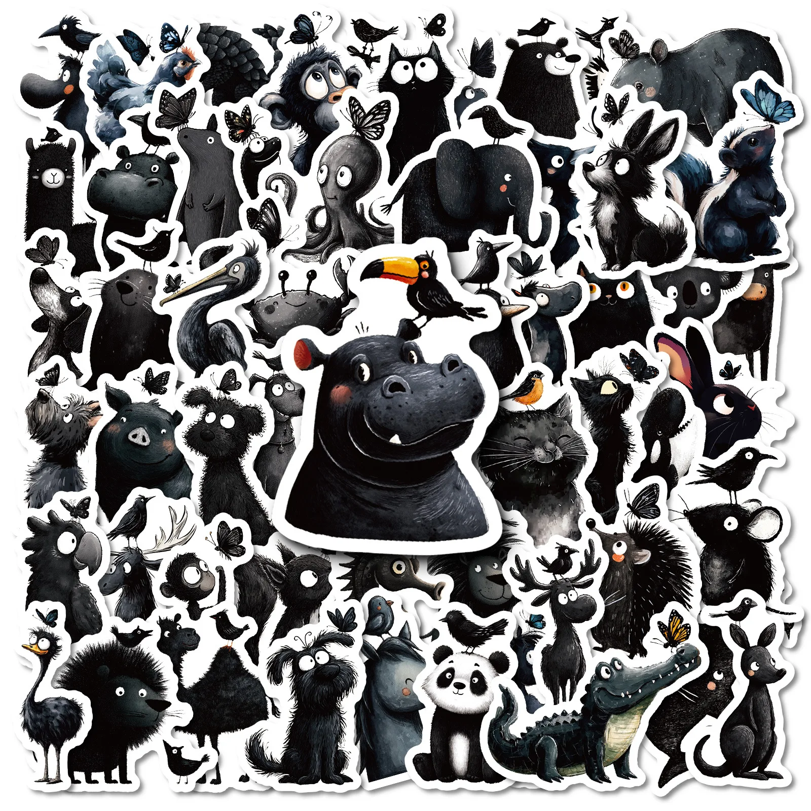 

56PCS Black Animal Personalized Graffiti Stickers Cute Panda Cat Cartoon Decal Laptop Phone Guitar Skateboard Waterproof Sticker