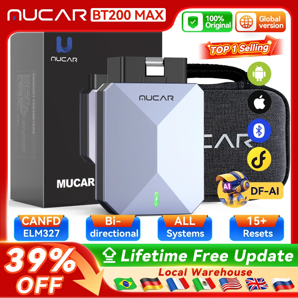 

MUCAR BT200 MAX AI Automotive Tool ELM327 OBD2 Bluetooth Scanner CANFD Bidirectional 15 Reset Full System Diagnose Code Reader