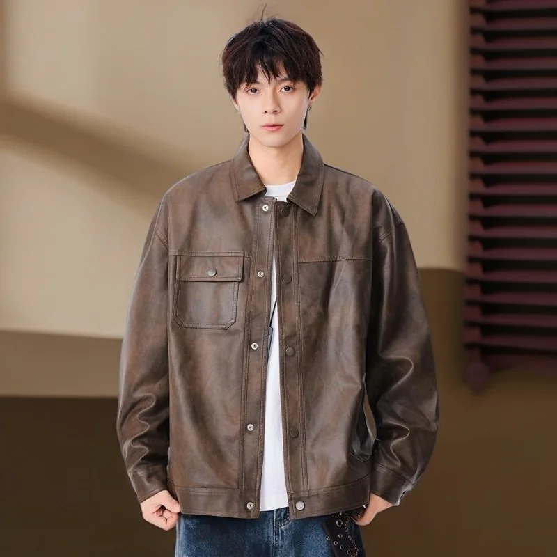 

Men's Leather Jaet Coat Autumn Winter New Sle Retro Collar Workwear Jaet Trendy Versatile Japanese Sle Long Sve