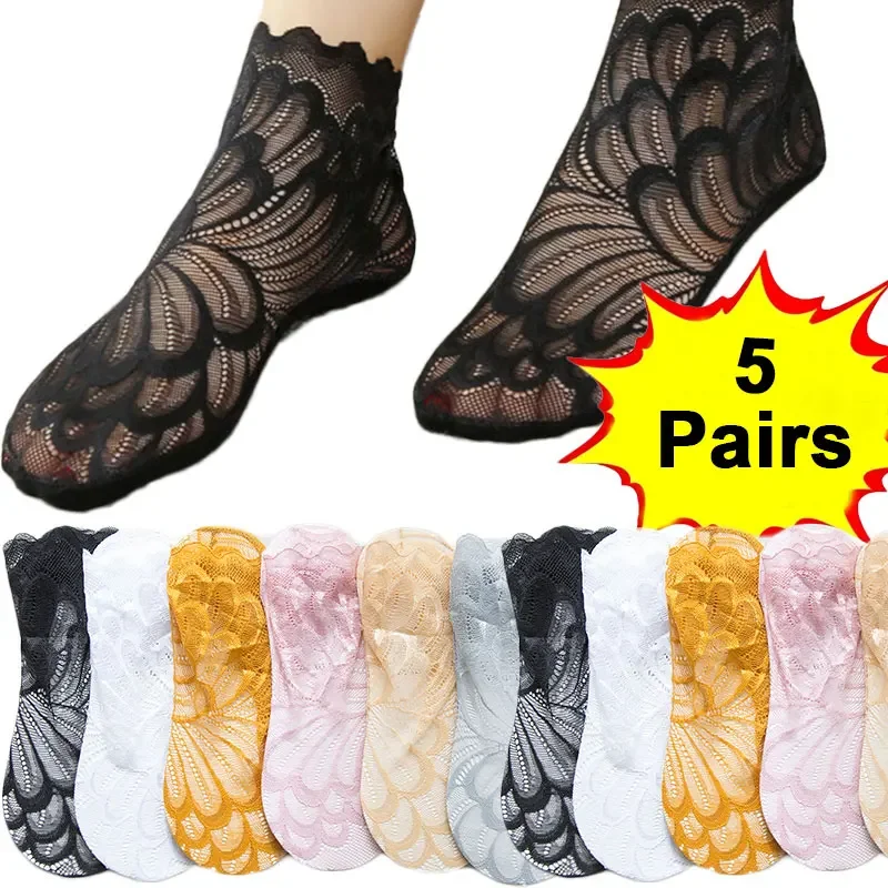 5 Pares Verão Puro Algodão Mulheres Meias Flor Lace Meias Invisíveis Finas Senhoras Lace Barco Meias Oco Não-slip Meias Raso