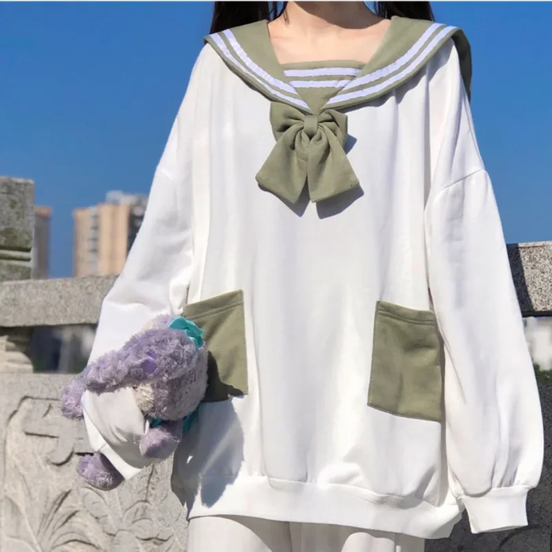 Sudaderas con capucha de cuello marinero de orejas largas de conejo Kawaii para mujer, sudaderas lindas de estilo Lolita japonés, jerséis sueltos de gran tamaño, Top