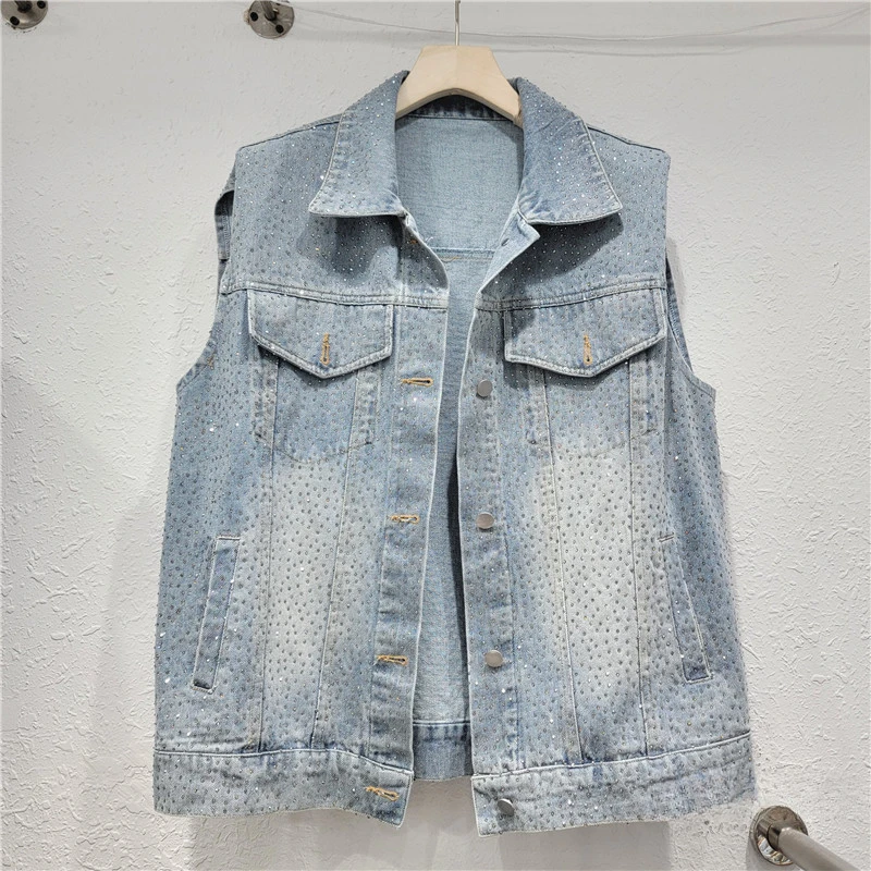 

American Casual Style Heavy Industry Light Diamond Denim Vest for Women 2024 Spring Summer New Youthful-Looking Sleeveless Top