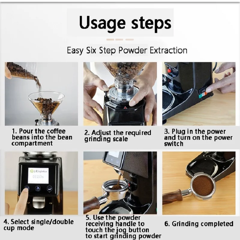 Elektryczny młynek do kawy do espresso z precyzyjnym elektronicznym timerem, dotykowym ekranem i regulacją rozmiaru ziaren kawy.