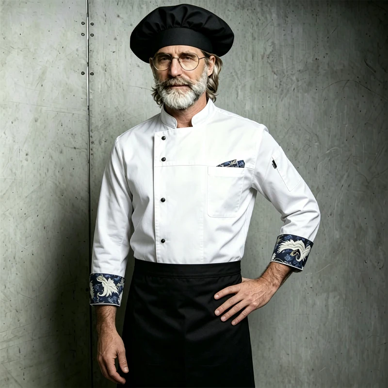 Food Service 3-pcs Cooking Cook Costume Chinese Style Pro Uniform Hotel Catering Overalls Kitchen Chef's Coat and Cap Apron