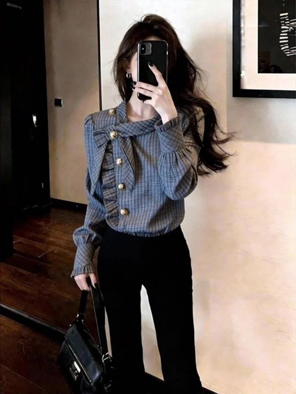 

Ретро-рубашка в нерегулярную клетку для женщин, новинка весенней коллекции, высококачественная, уникальная, повседневная, универсальная, для многослойных образов, с длинным рукавом, модный топ