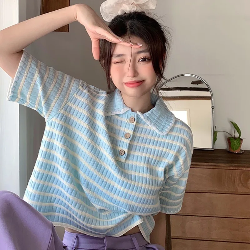 

Вязаная футболка с синим полосатым воротником ort Sve Женская летняя новинка дизайна Sweet Cool oulder ort Top Faionable