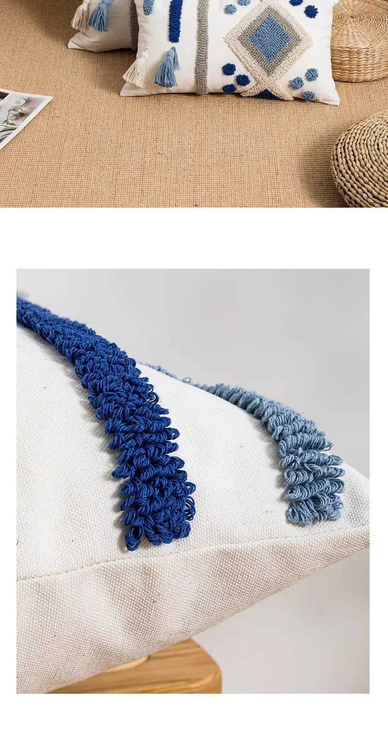 Boho Loop Tufted Kissenbezug, Baumwoll-Canvas, handgefertigter Quasten-Kissenbezug, dekorativer ethnischer bestickter Home-Decor-Kissenbezug – Detail 13