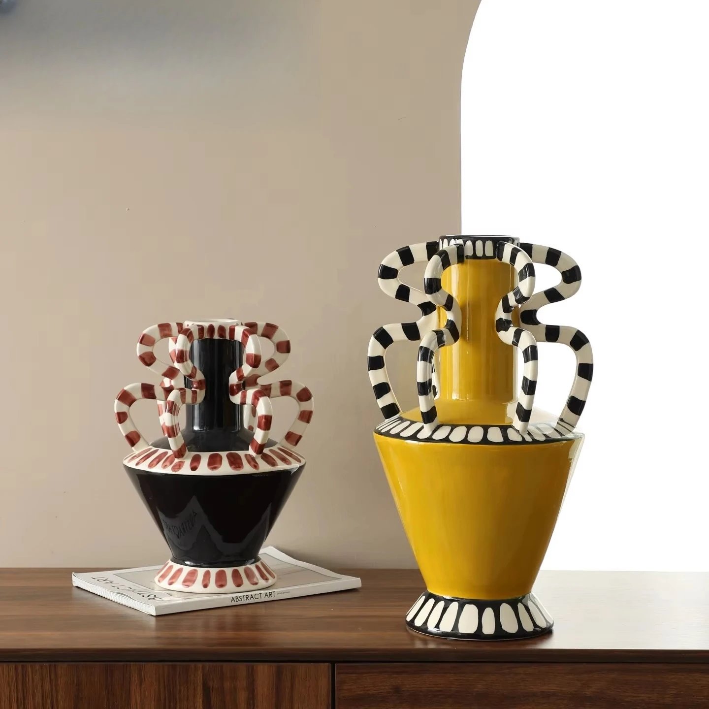 Bold Color Block Hand Painted Striped Decorative Urns Twisted Loop Handle Ceramic Vase For Maximalist Home Decor