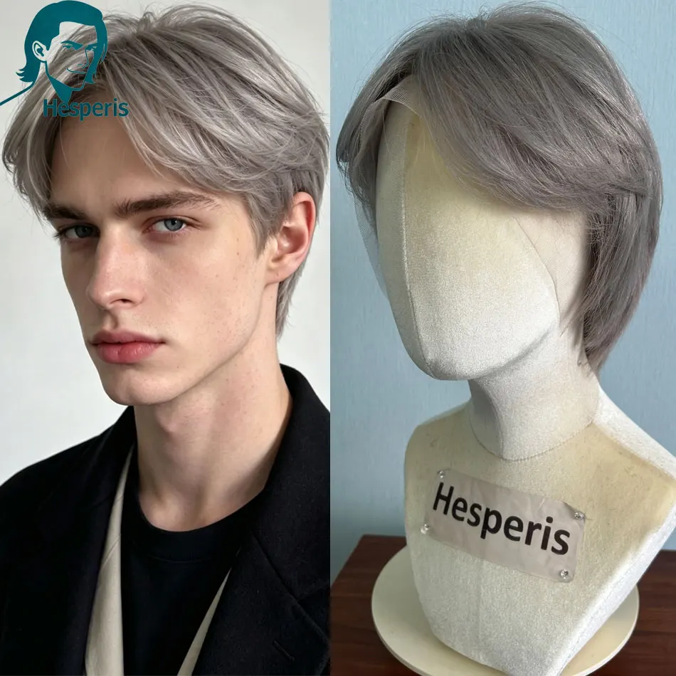 Hesperis Brazilian Remy Grey Color Men Short Cut Bob Wig 13x4 Lace Front Pre Plucked Natural Human Hair Wig for Men Middle Part