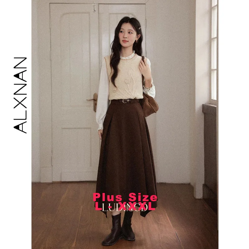 

ALXNAN Plus Size Brown Skirt Suede Fabric High-waisted Thickened Autumn Winter Skirt Thickened Wrinkle-resistant Bottoms D13011